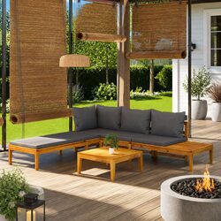 Acacia Wood 3-Piece Lounge Set with Grey Cushions