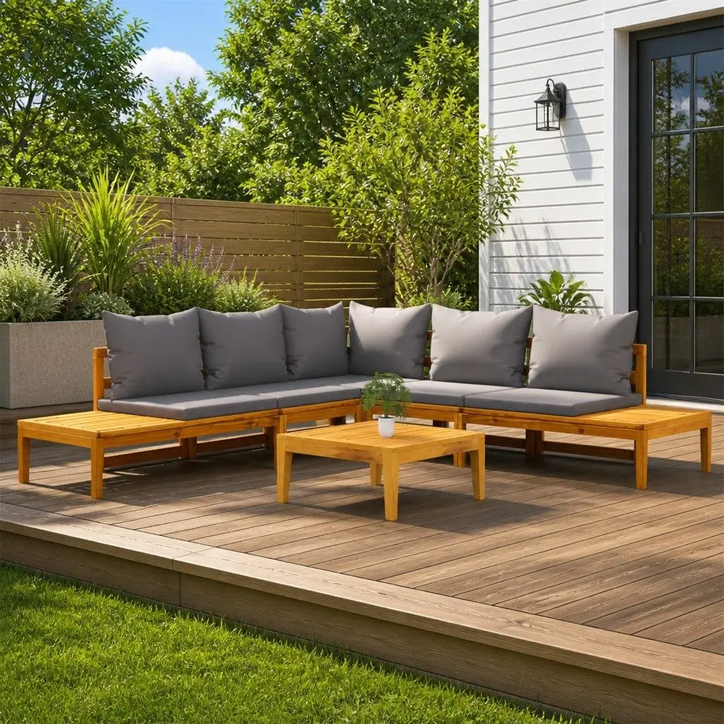 Garden Lounge Set 4 Piece Acacia Wood Patio Furniture with Grey Cushions