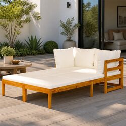 Outdoor Sun Lounger Chair Acacia Wood Sunbed with Cream Cushion Set of 2
