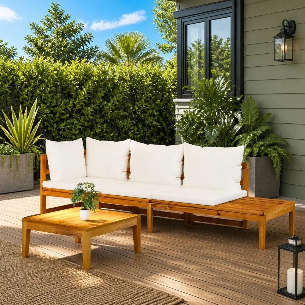 Garden Lounge Set 3 Piece Outdoor Furniture Acacia Wood Patio Sofa with Cushions