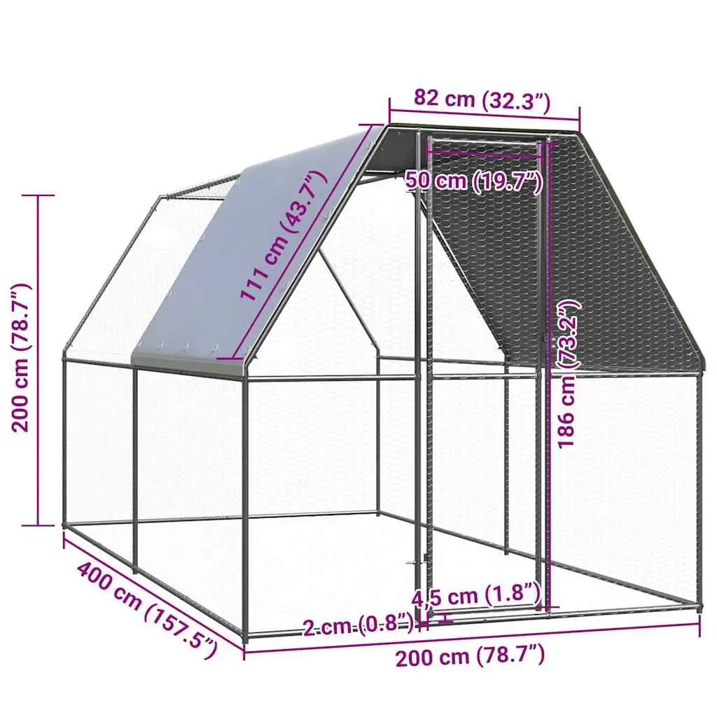 Outdoor Chicken Cage Silver 2x4x2 m Galvanised Steel Coop Run Hen House Aviary