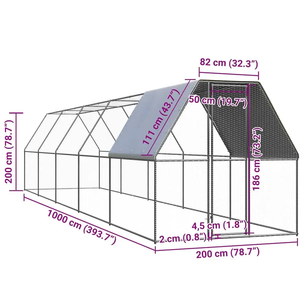 Outdoor Chicken Cage Run Enclosure Silver 2x10x2m Galvanised Steel Water Resistant Roof