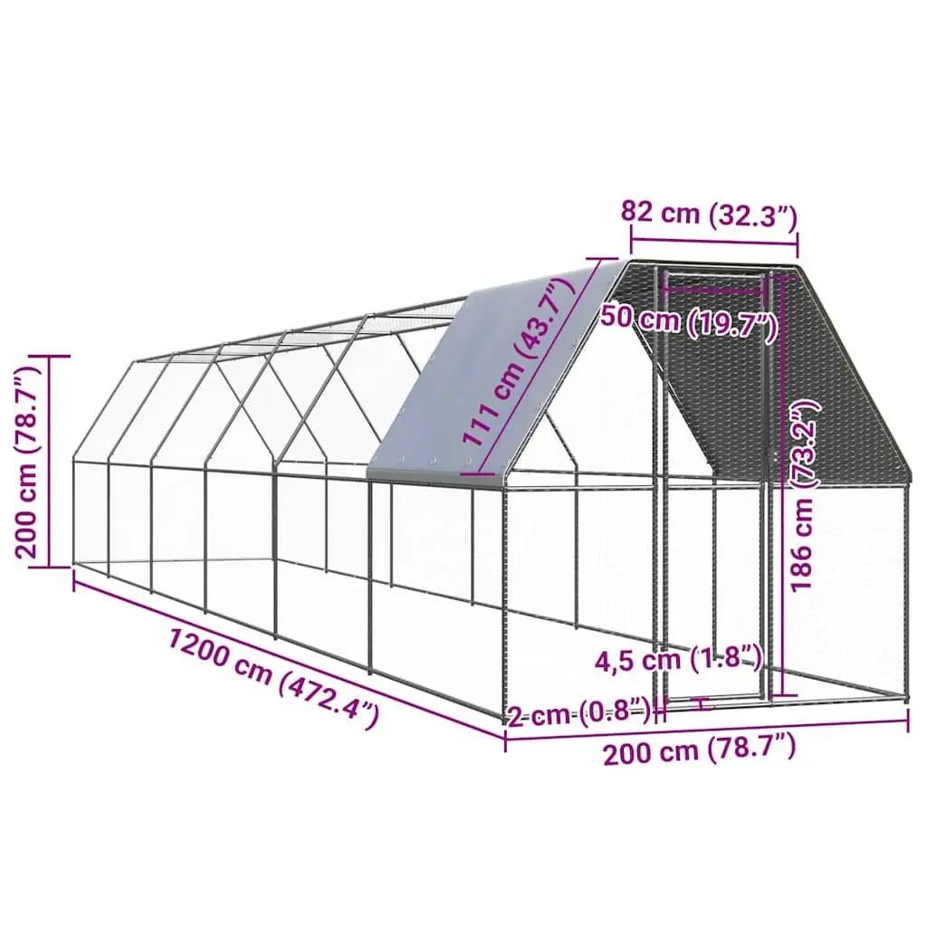 Chicken Cage Silver 2x12x2m Galvanised Steel Outdoor Run Enclosure Aviary Pen