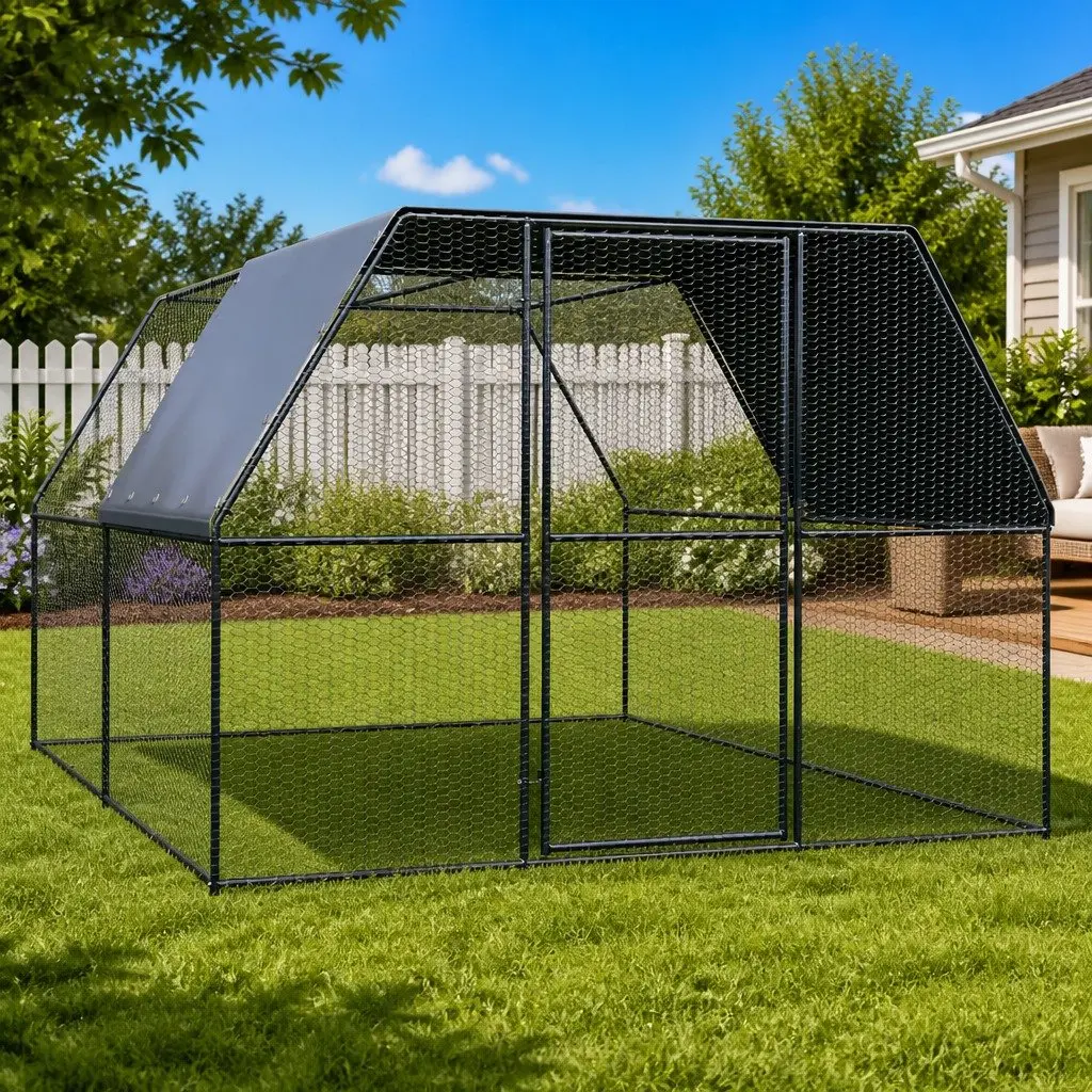 Outdoor Chicken Cage Silver Large Galvanised Steel Aviary Enclosure with Lockable Gate