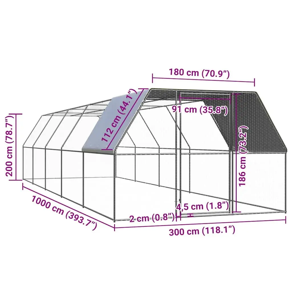 Outdoor Chicken Cage Silver 3x10x2m Galvanised Steel Aviary Run Enclosure