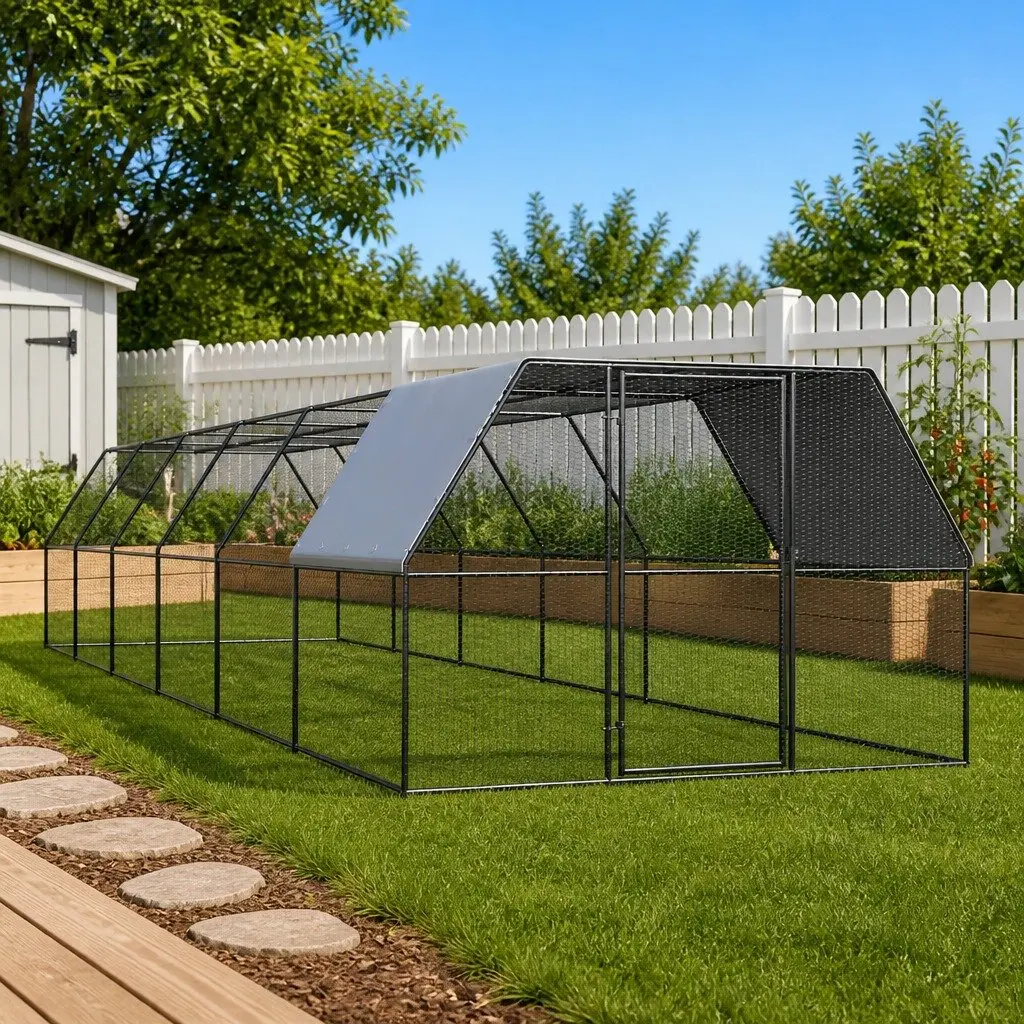 Outdoor Chicken Cage Run Enclosure Silver 3x12x2m Galvanised Steel with Lockable Gate and UV Resistant Roof