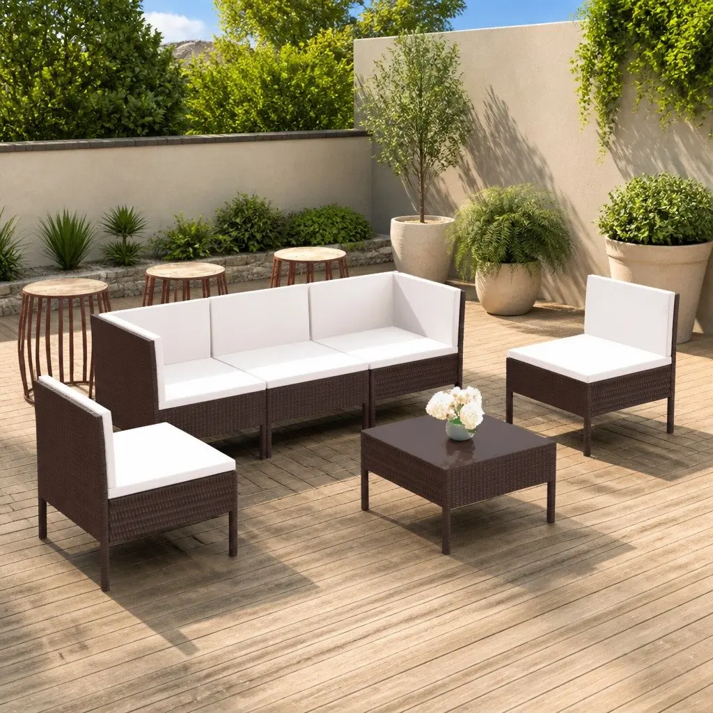 Garden Lounge Set Brown 6 Piece Outdoor Furniture Weather Resistant PE Rattan Patio Seating