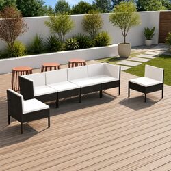 Garden Lounge Set 6 Piece Outdoor Patio Furniture with Cushions Black Rattan