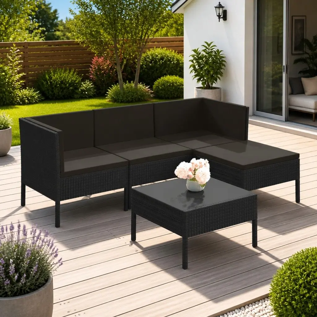 Garden Lounge Set Black 5 Piece Outdoor Patio Furniture with Cushions Weather Resistant PE Rattan