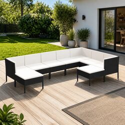 Garden Lounge Set 9 Piece Outdoor Furniture Poly Rattan Black Patio Cushions