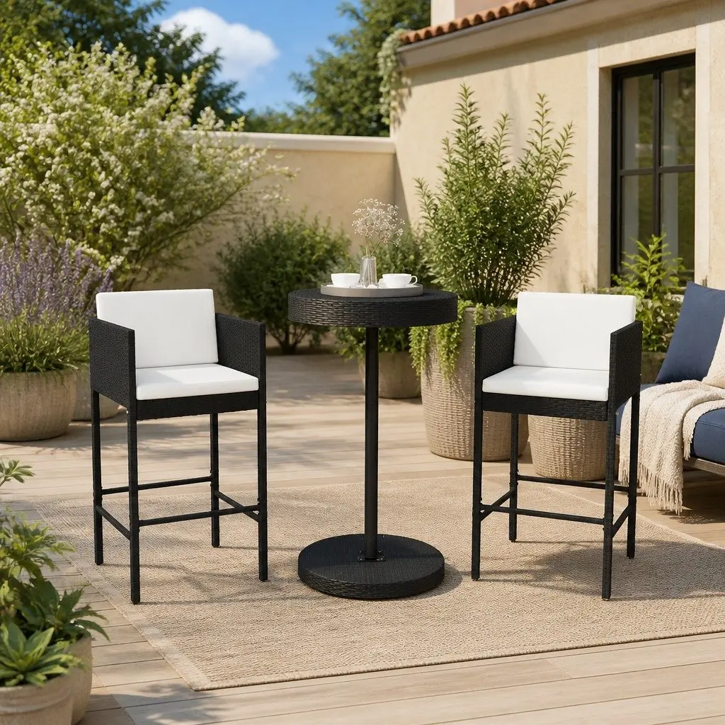 3 Piece Garden Bar Set with Cushions Outdoor Rattan Table Stools Black