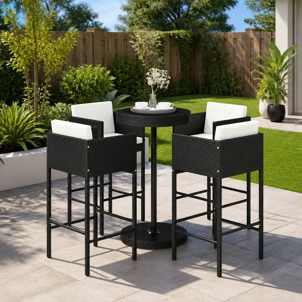 Outdoor Rattan Bar Set Black Cushions 5 Piece Garden Table and Stools