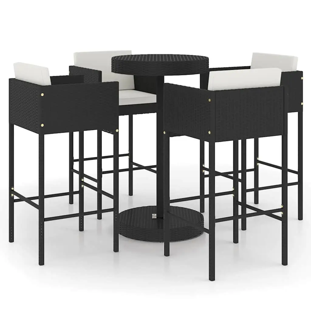 Outdoor Rattan Bar Set Black Cushions 5 Piece Garden Table and Stools