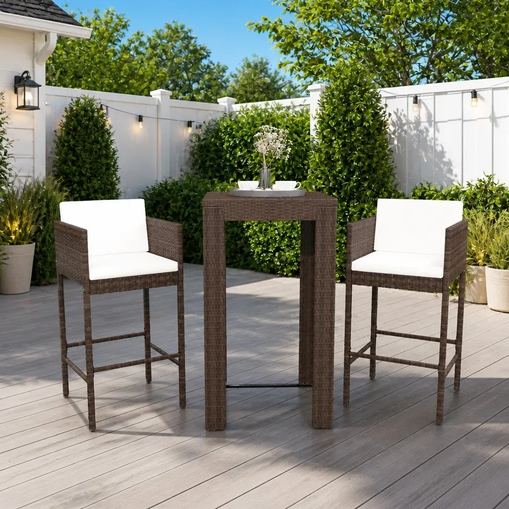 Garden Bar Set 3 Piece with Cushions Poly Rattan Outdoor Bar Table Stools Patio