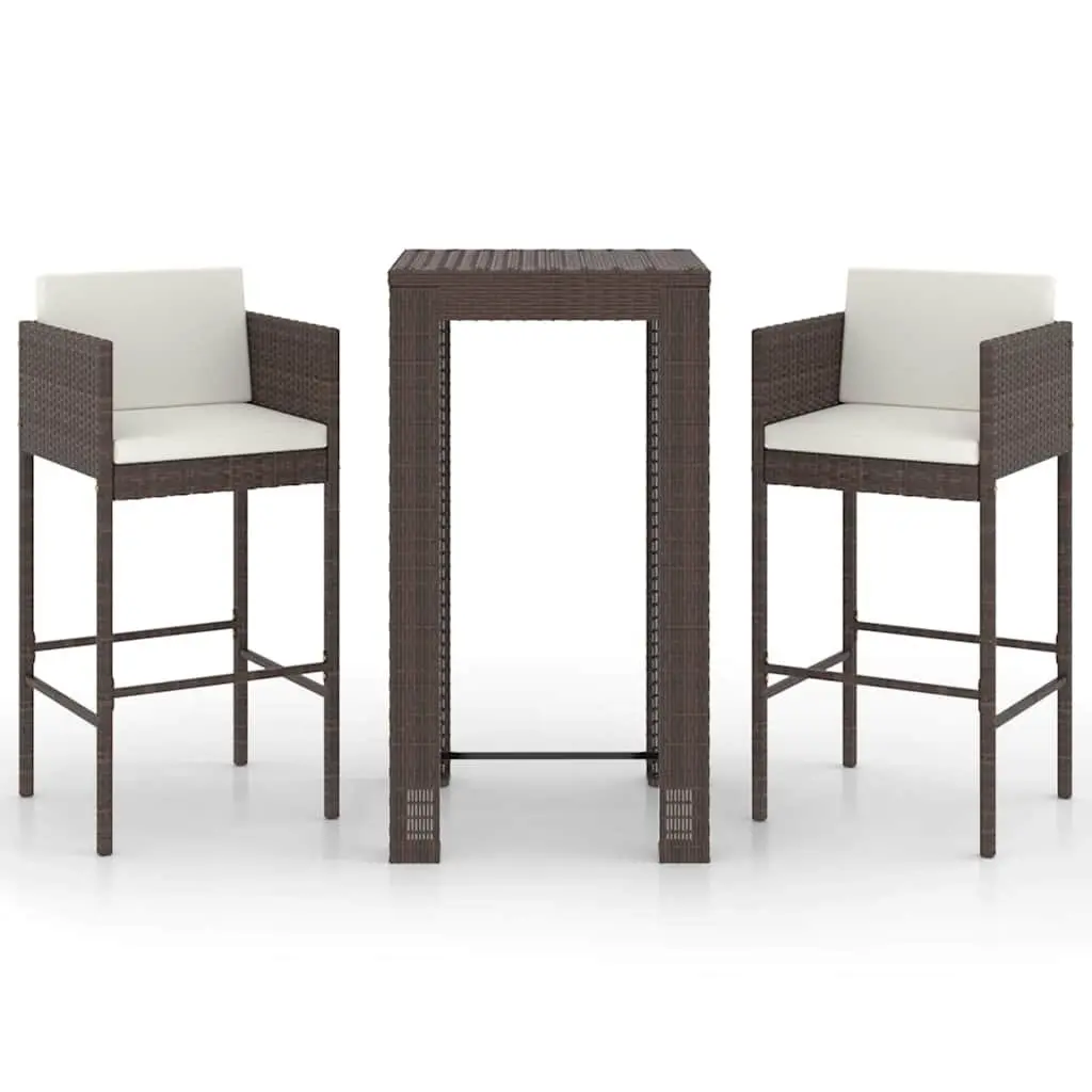 Garden Bar Set Brown 3 Piece Poly Rattan Outdoor Table Stools with Cushions