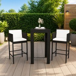 3 Piece Garden Bar Set with Cushions Outdoor Poly Rattan Bar Table Stools Black