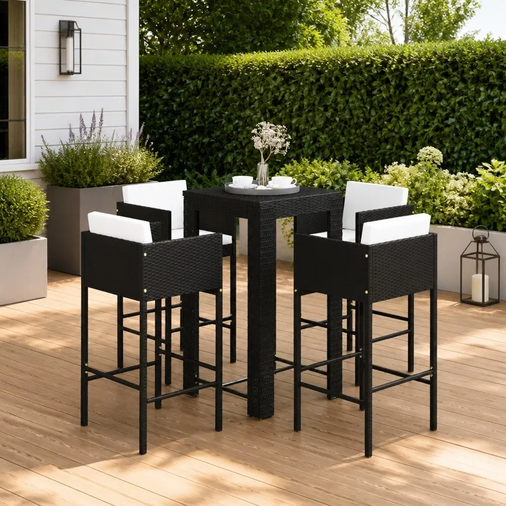 5 Piece Garden Bar Set with Cushions Outdoor Rattan Bar Table Stools Black