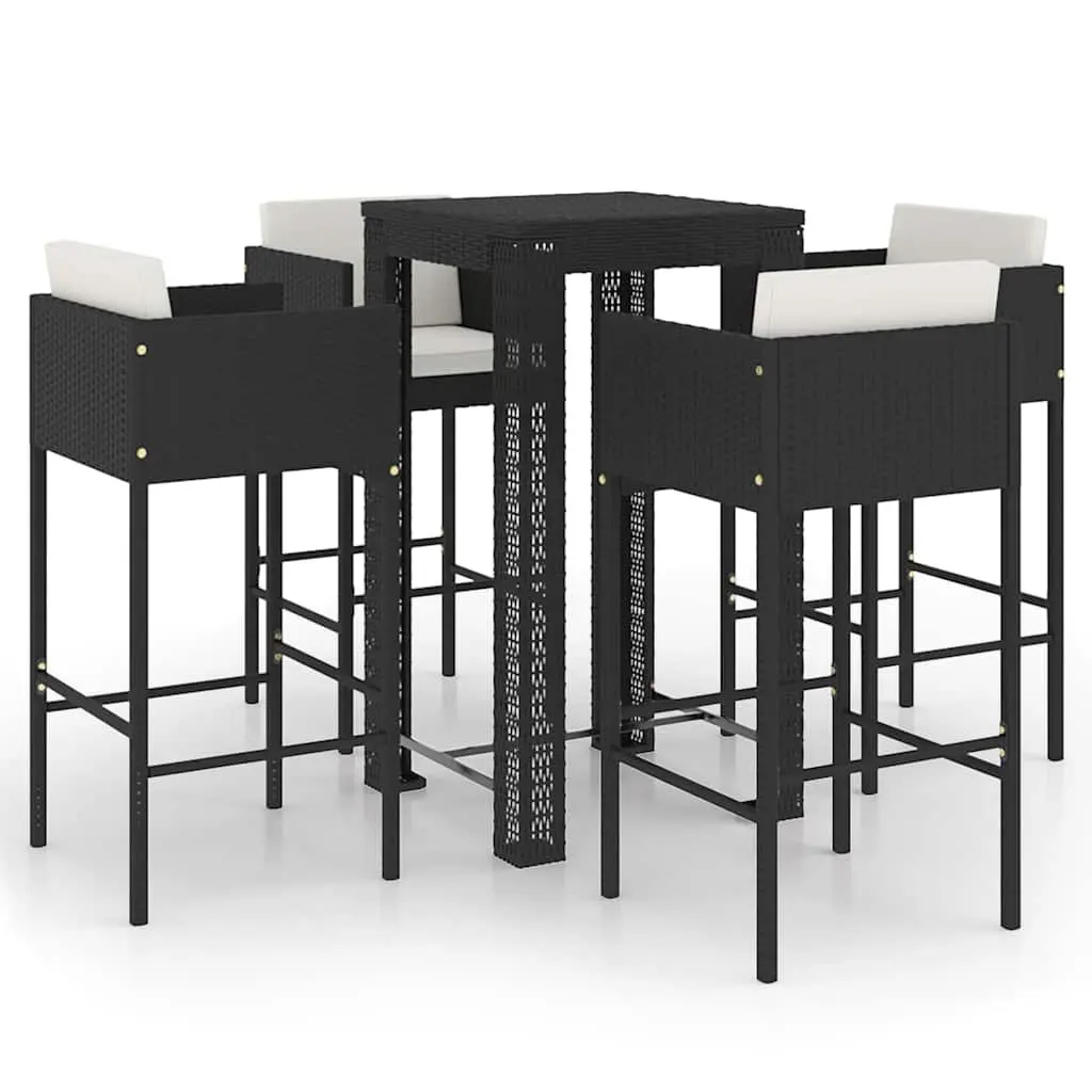 5 Piece Garden Bar Set with Cushions Outdoor Rattan Bar Table Stools Black