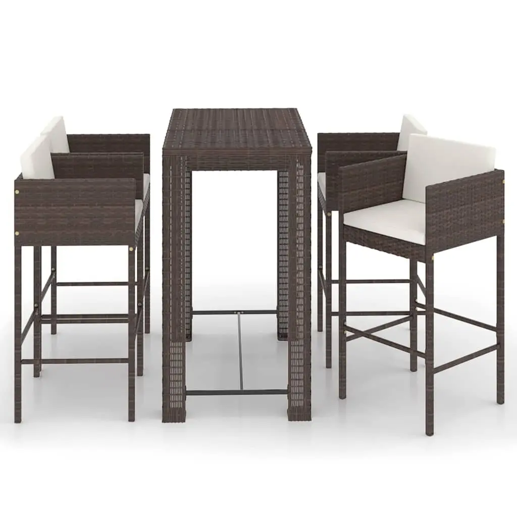 5 Piece Garden Bar Set with Cushions Poly Rattan Outdoor Bar Table Stools Brown