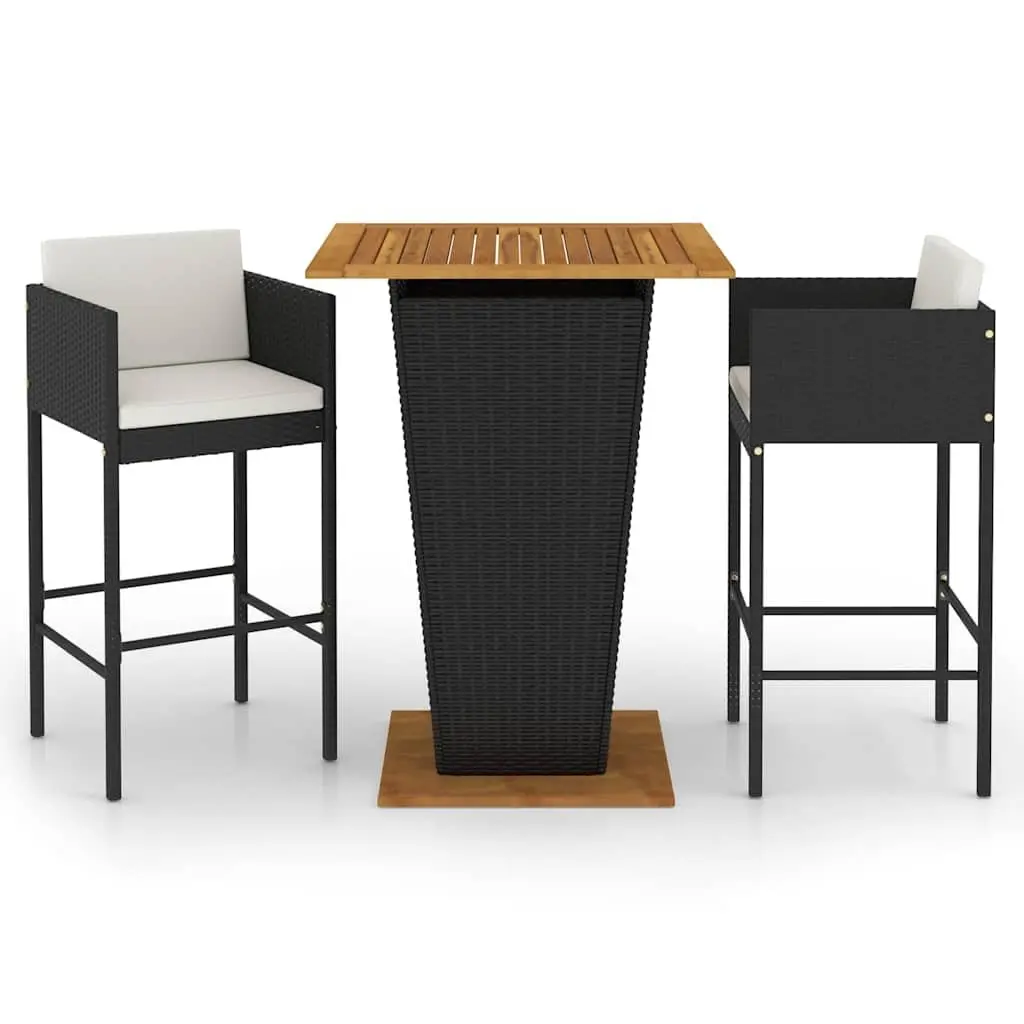3 Piece Garden Bar Set with Cushions Poly Rattan Outdoor Bar Table Stools Black