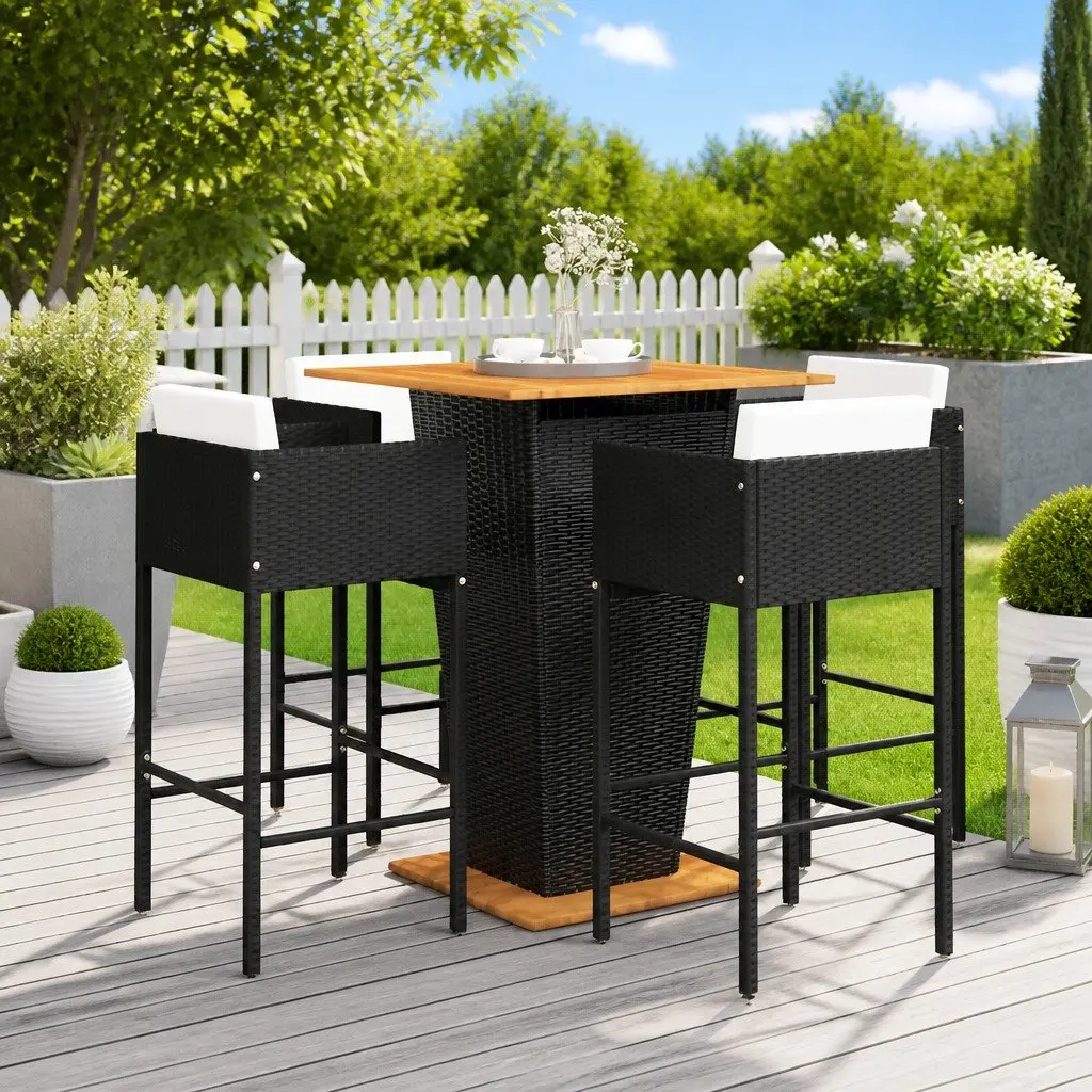 5 Piece Garden Bar Set with Cushions Outdoor Poly Rattan Bar Table Stools Black