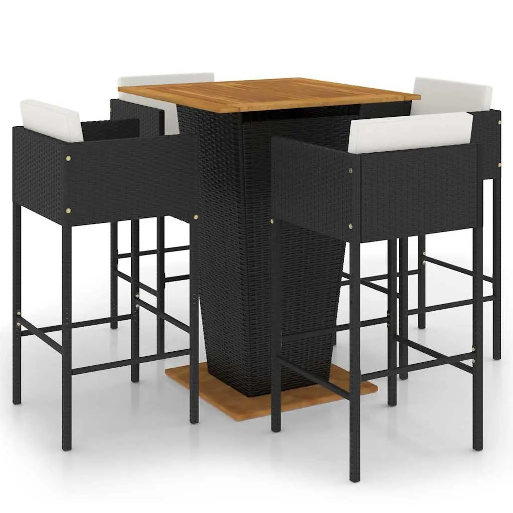 5 Piece Garden Bar Set with Cushions Outdoor Poly Rattan Bar Table Stools Black