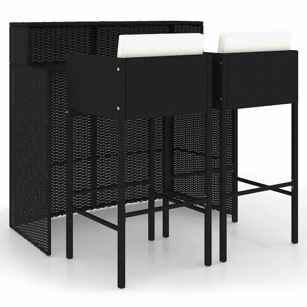 3 Piece Garden Bar Set with Cushions Outdoor Poly Rattan Table Stools Black
