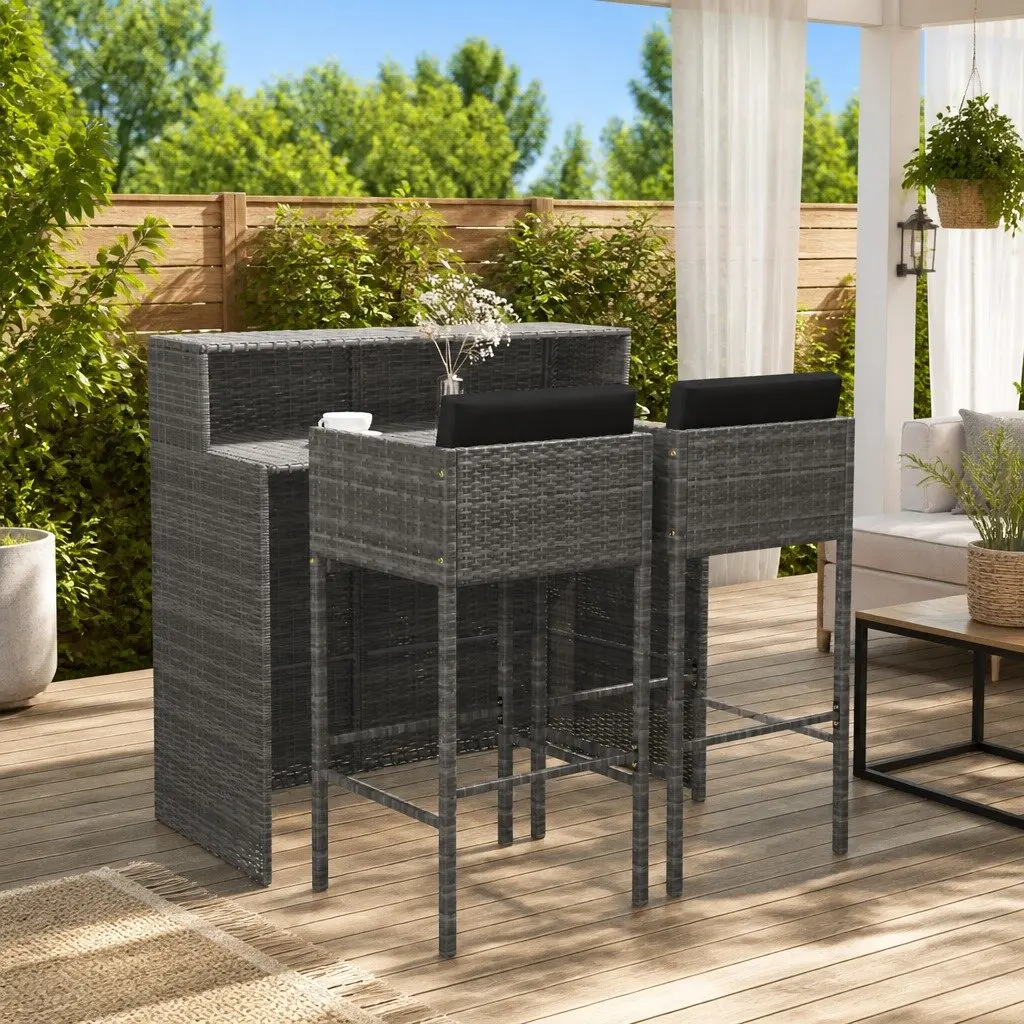3 Piece Garden Bar Set with Cushions Outdoor Poly Rattan Table Stools Grey