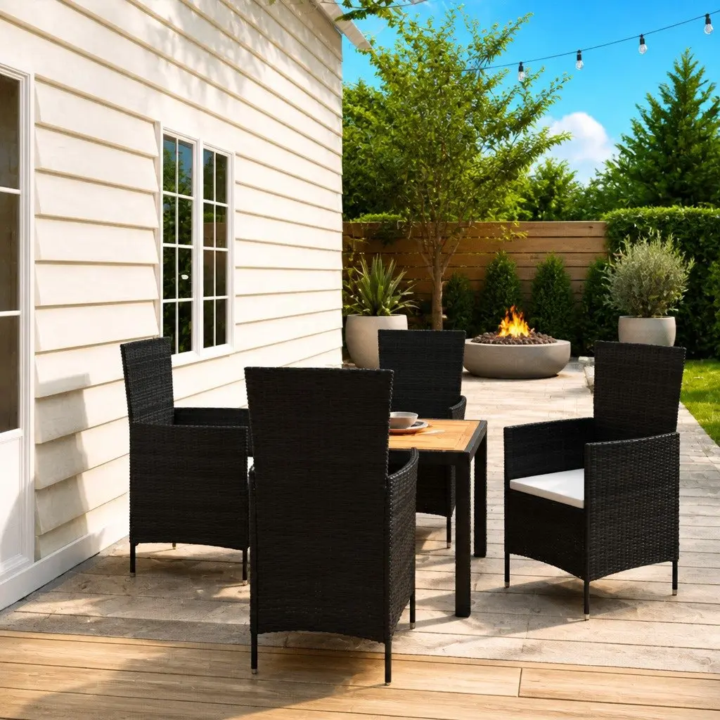 Outdoor Dining Set Black 5 Piece with Cushions Poly Rattan Steel Frame