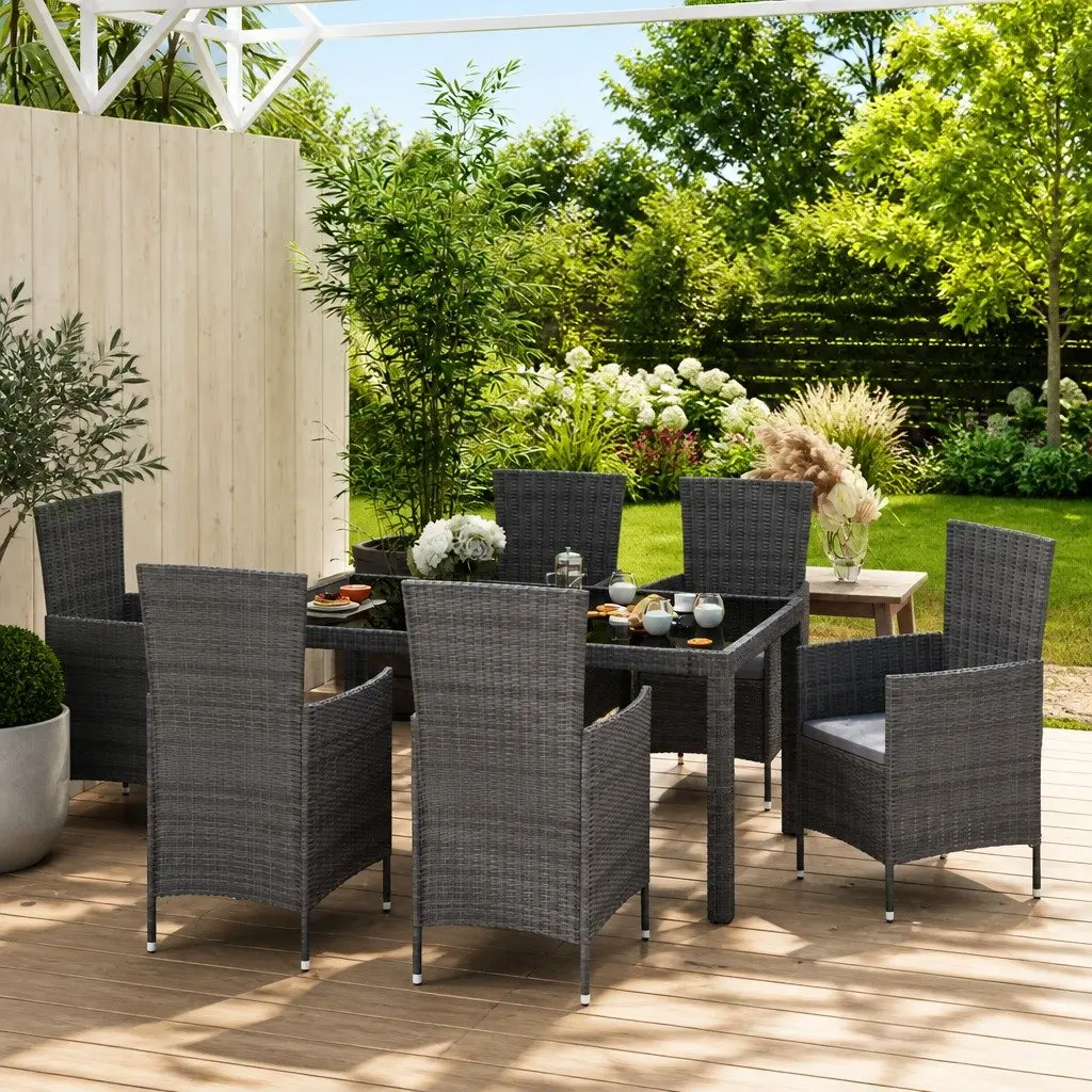 7 Piece Outdoor Dining Set Grey Poly Rattan Garden Furniture with Cushions