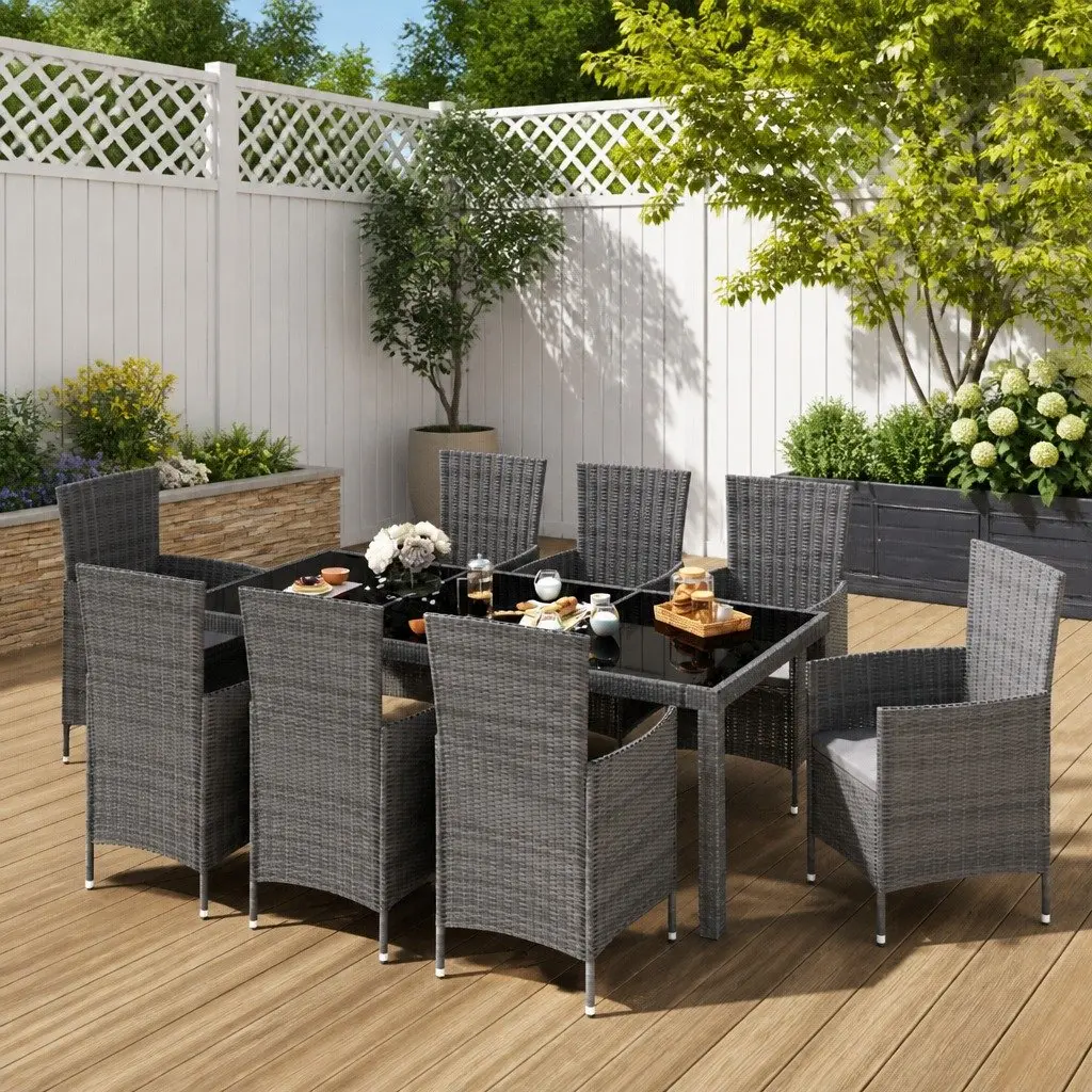 Outdoor Dining Set 9 Piece Grey Poly Rattan Garden Furniture with Cushions