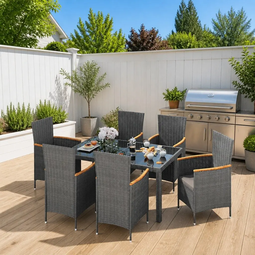 Outdoor Dining Set 7 Piece Garden Furniture Grey Poly Rattan with Cushions
