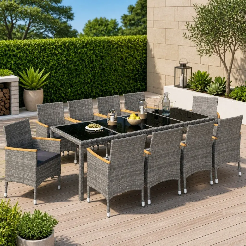 Outdoor Dining Set Grey 11 Piece Garden Furniture Poly Rattan Steel Frame
