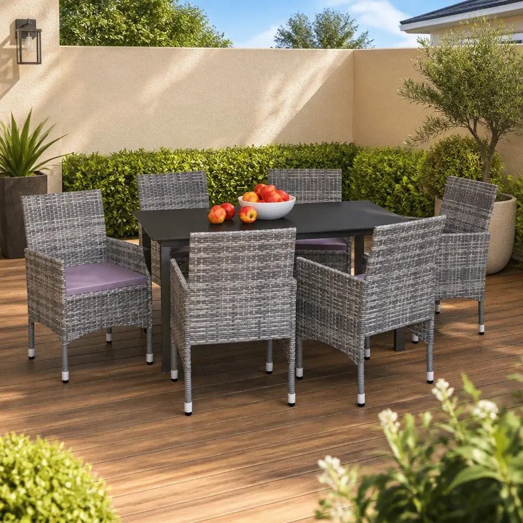 Garden Dining Set 7 Piece Outdoor Furniture Poly Rattan Table Chairs Cushions