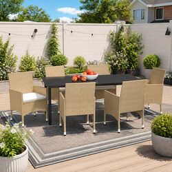 Concise 7 Piece Outdoor Dining Set in Beige Rattan