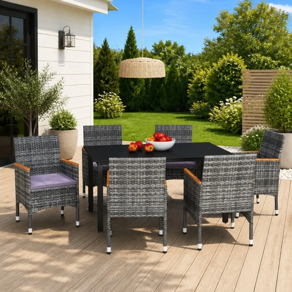 Garden Dining Set 7 Piece Poly Rattan Patio Furniture with Cushions Grey