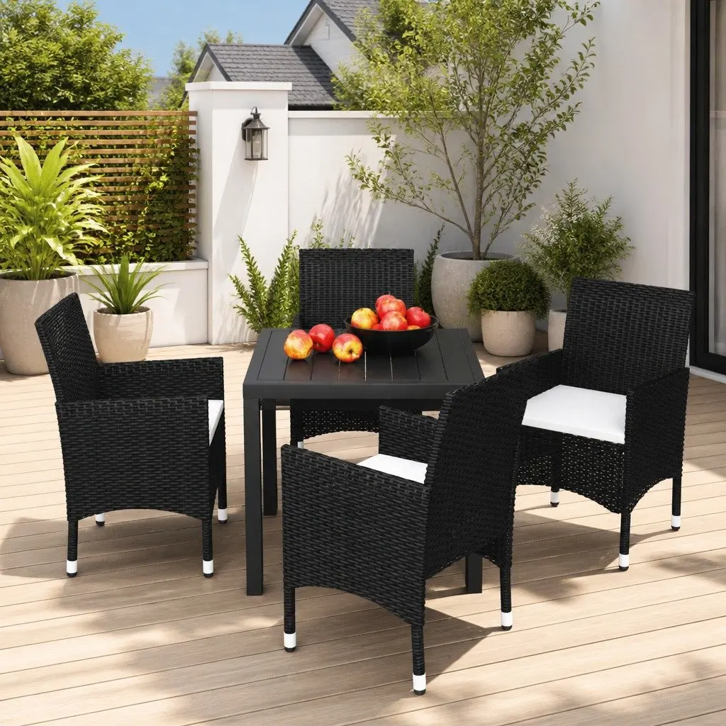 5 Piece Outdoor Dining Set Black PE Rattan Patio Garden Furniture with Cushions