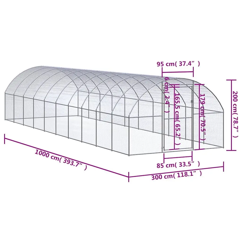 Outdoor Chicken Coop Silver 3x10x2 m Galvanised Steel Enclosure Run