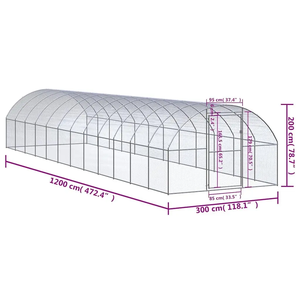 Outdoor Chicken Coop Silver 3x12x2m Galvanised Steel Enclosure Run