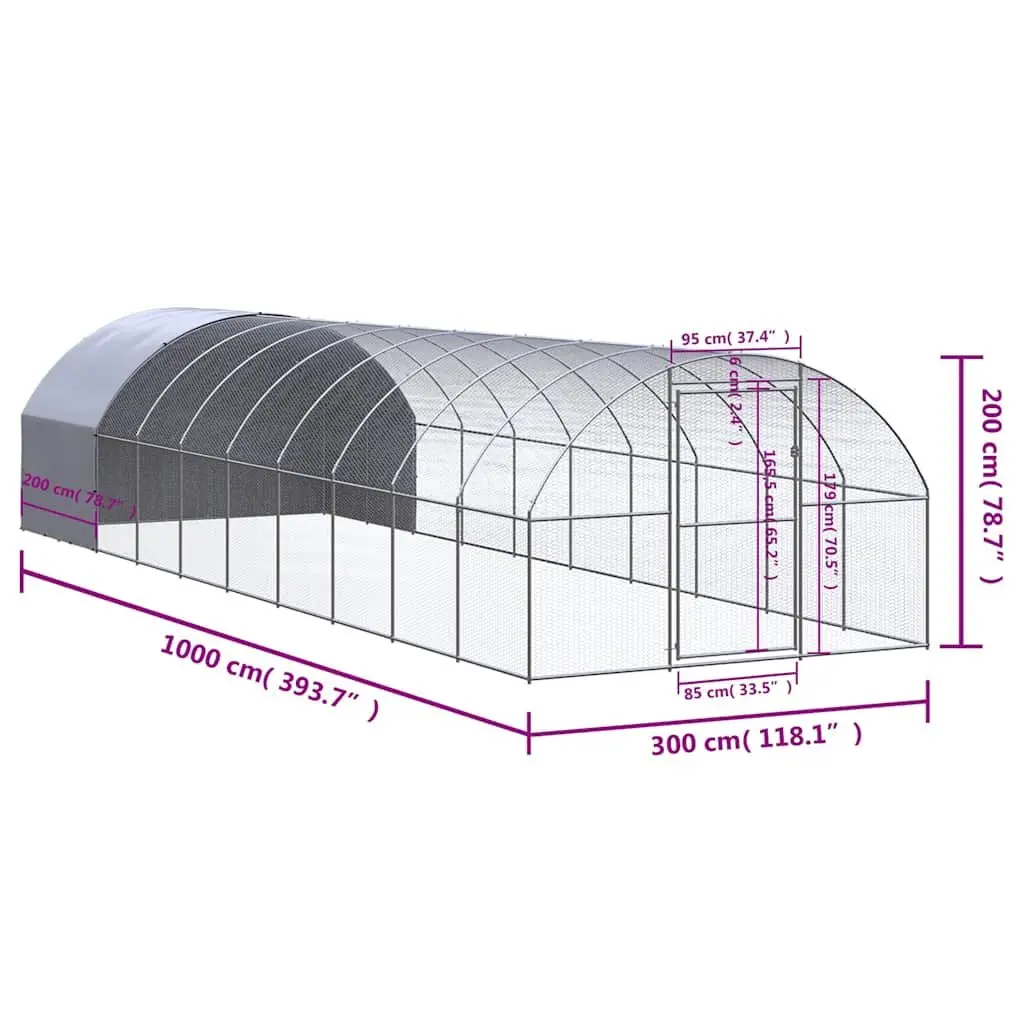 Outdoor Chicken Coop Silver 3x10x2m Galvanised Steel Poultry Run Enclosure
