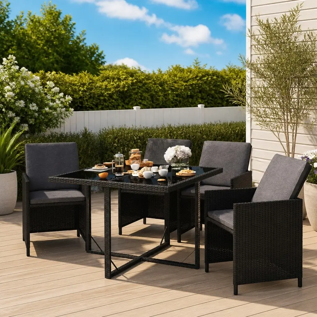 5 Piece Outdoor Dining Set Garden Furniture PE Rattan Black with Cushions