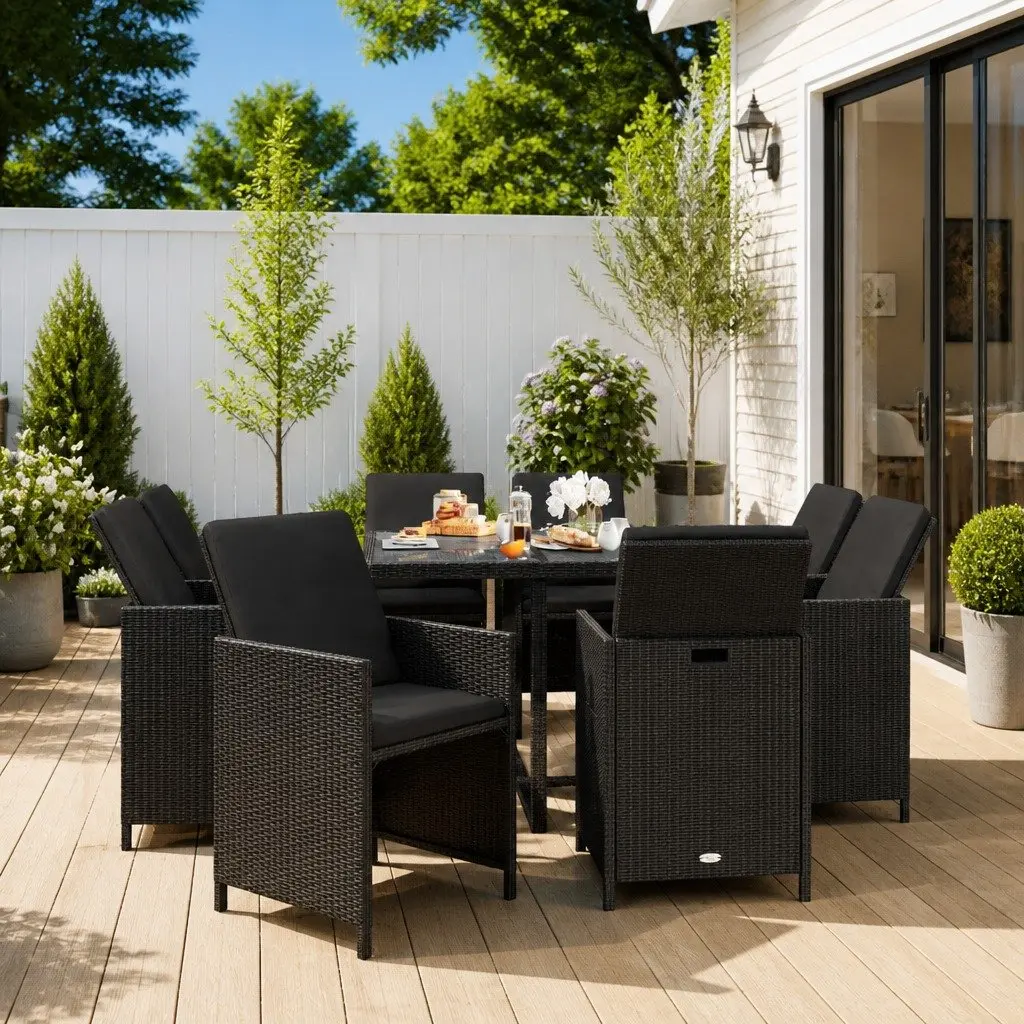 Garden Dining Set 9 Piece Poly Rattan Outdoor Furniture with Cushions Black