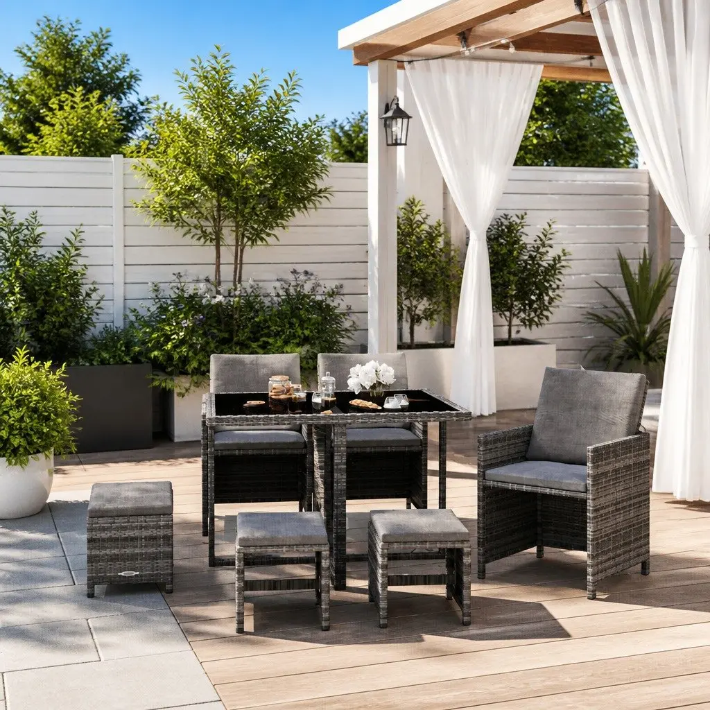 Garden Dining Set Grey 9 Piece Outdoor Furniture PE Rattan with Cushions