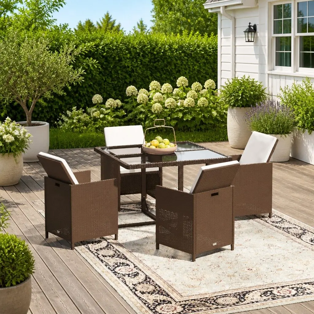 Garden Dining Set Brown 5 Piece Outdoor Patio Furniture PE Rattan with Cushions