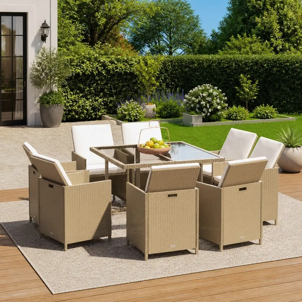 Garden Dining Set 9 Piece Outdoor Patio Furniture PE Rattan Beige Cushions