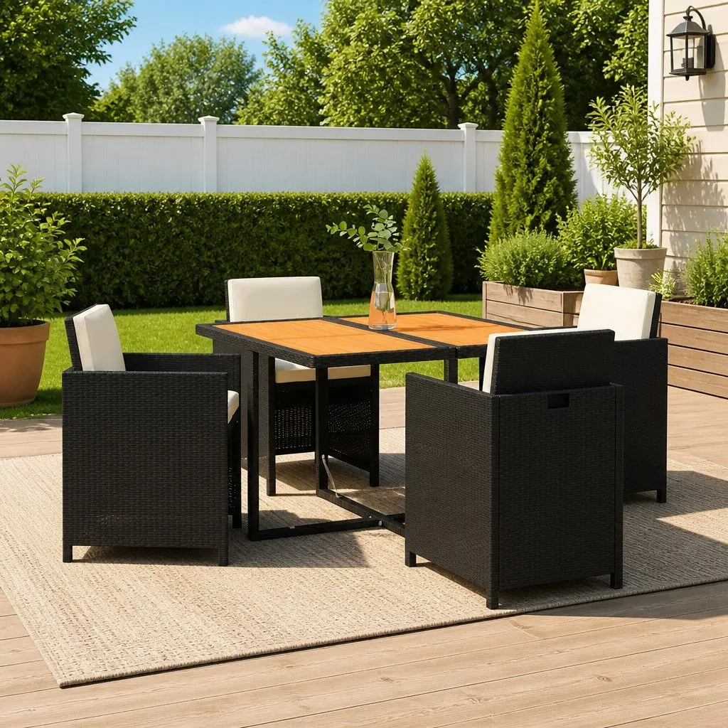 Garden Dining Set 5 Piece Outdoor Furniture PE Rattan Black Patio Table Chairs