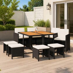 Outdoor Dining Set 9 Piece Garden Furniture Poly Rattan Black with Cushions