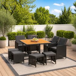 Garden Dining Set 9 Piece Outdoor Furniture PE Rattan Black with Cushions