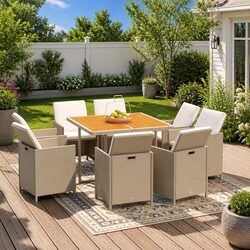 Garden Dining Set 9 Piece Outdoor Furniture Poly Rattan Beige with Cushions