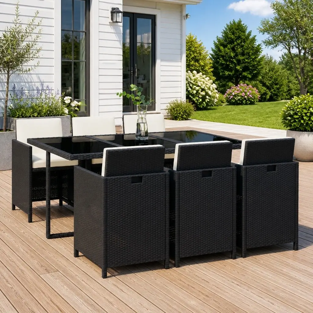 7 Piece Garden Dining Set Black Poly Rattan Outdoor Patio Furniture with Cushions